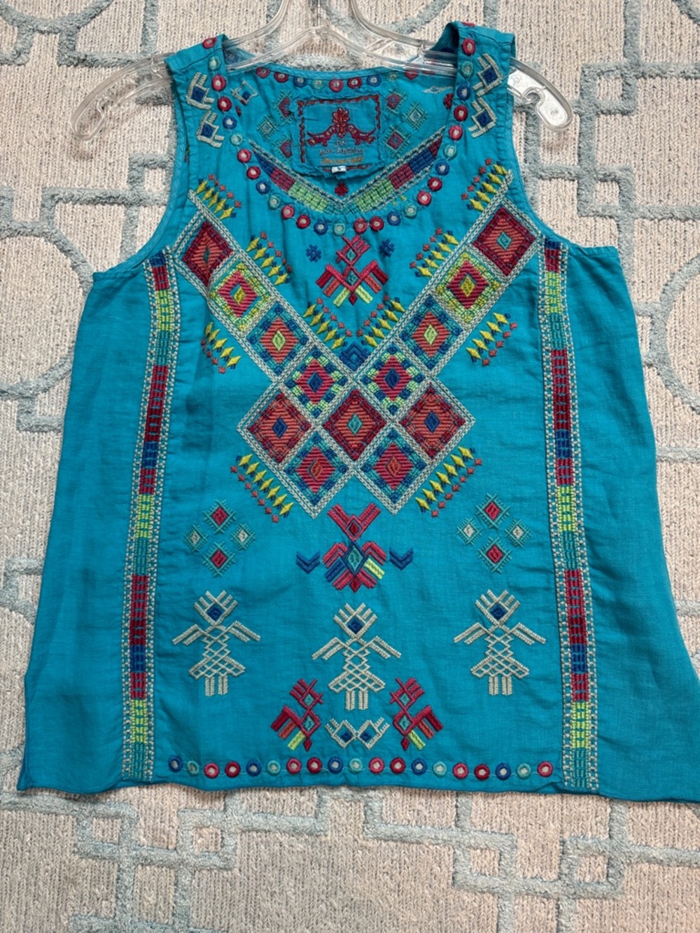 Johnny Was Embroidered Turquoise Sleeveless linen Top